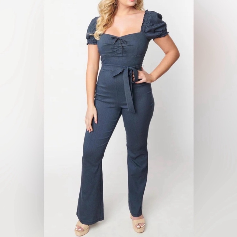 Unique Vintage Denim Bengaline Belted Jumpsuit